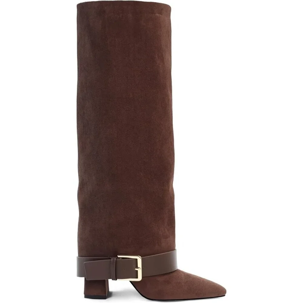 Women's Brown Suede Knee High Boots Fold Over High Heel Belt Buckle Fall Long